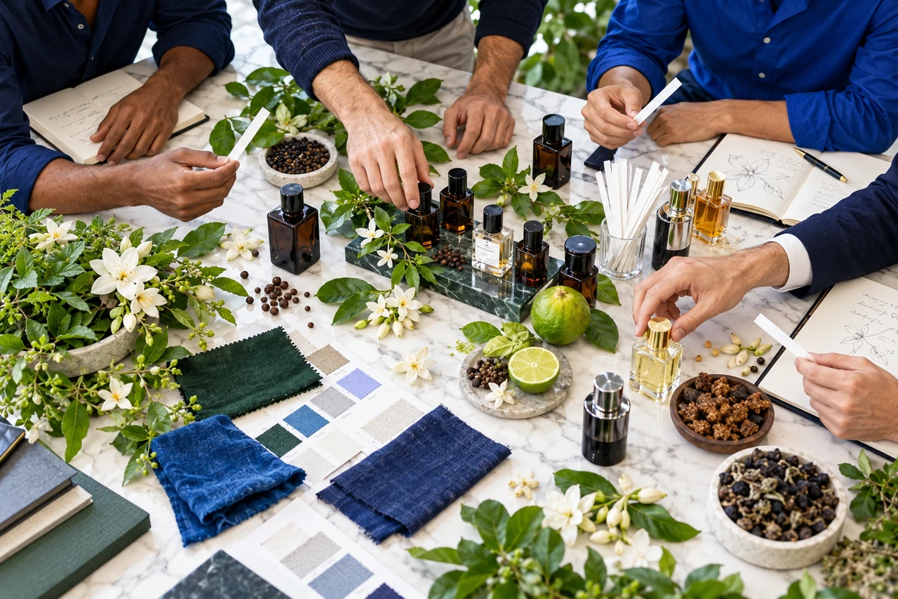 Hands exploring fragrance samples, ingredients and materials around a studio table