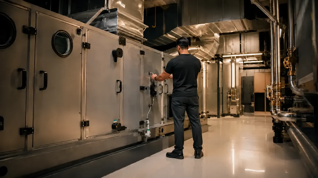 A RIVIA technician servicing scent equipment in an HVAC plant room