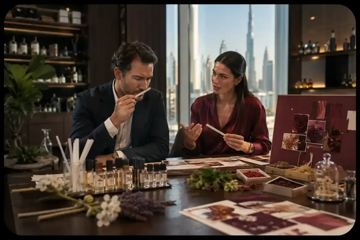 Fragrance samples and ingredients on a studio table