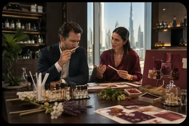 Fragrance samples and ingredients on a studio table
