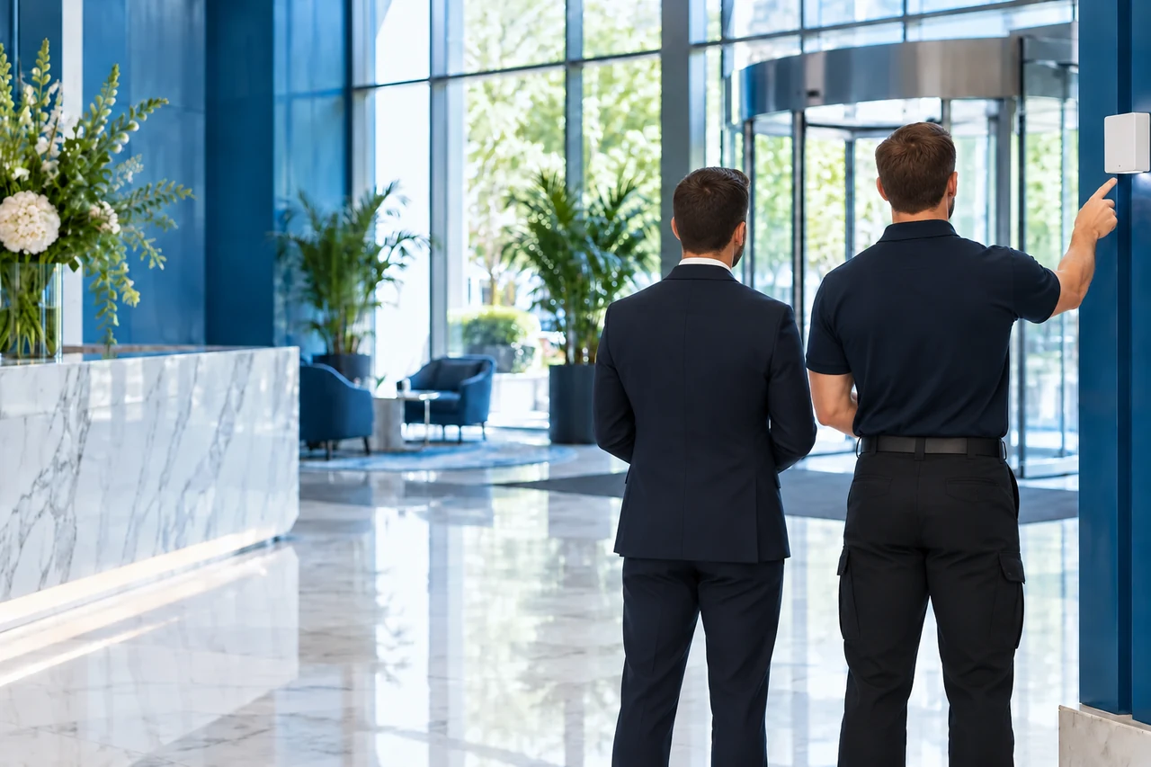Two specialists seen from behind reviewing scent equipment in a bright lobby