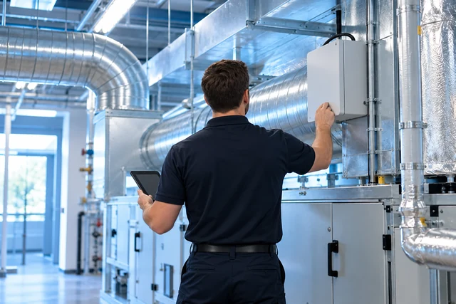 A technician checking a scent system connected to air conditioning