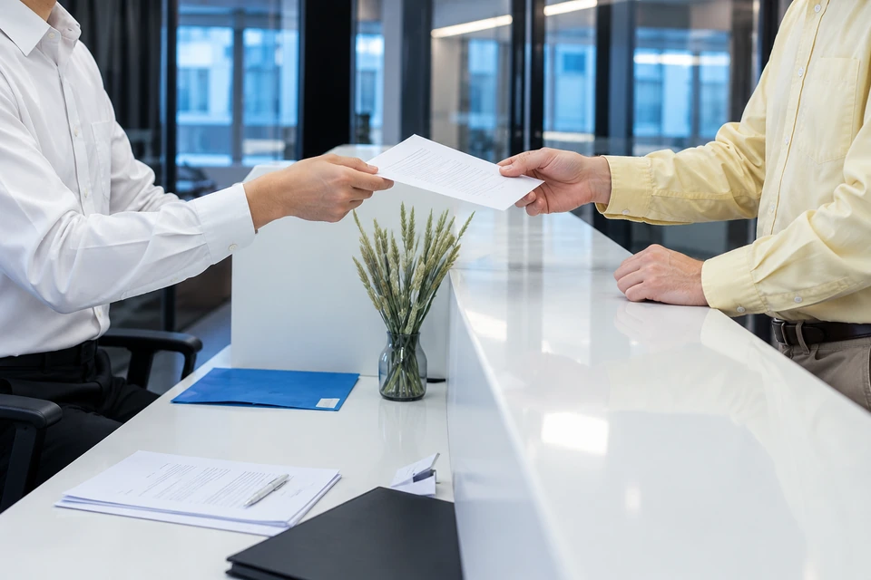Hands exchanging documents across a modern office reception counter
