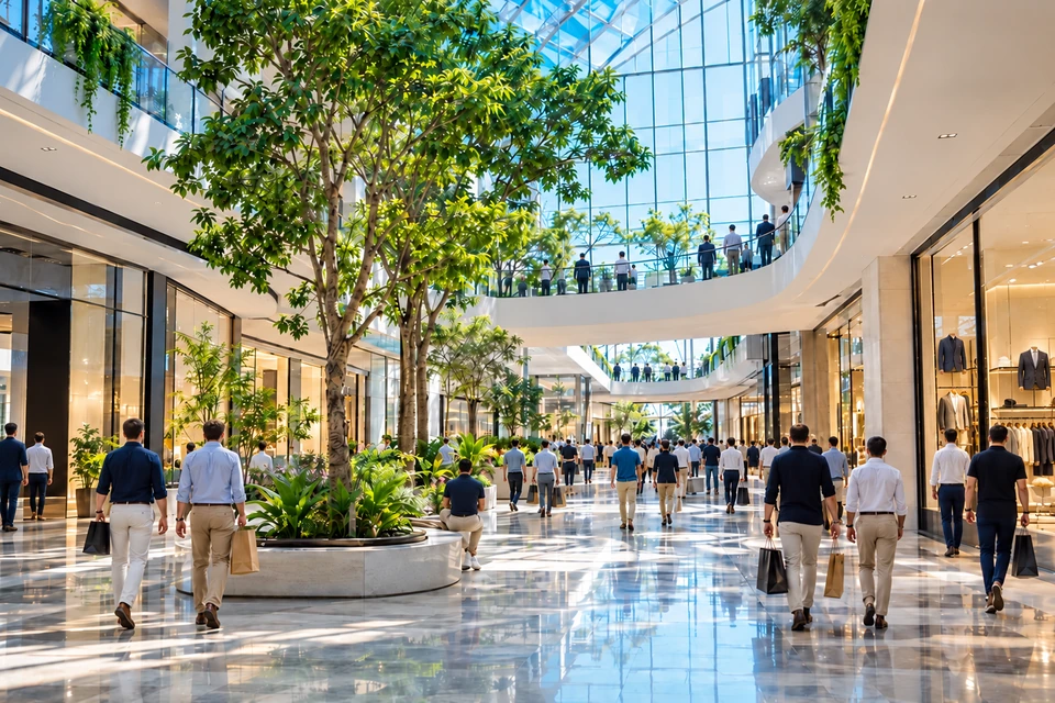 A light filled shopping mall with blue glass, greenery and visitors