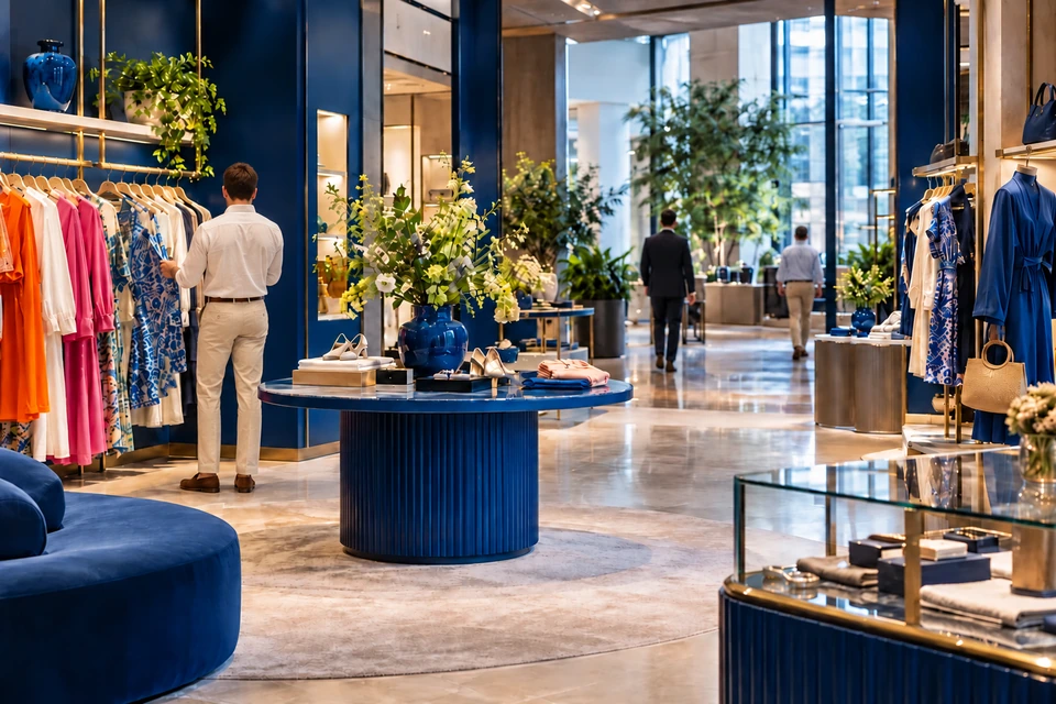 A contemporary retail interior with colourful clothing and cobalt details