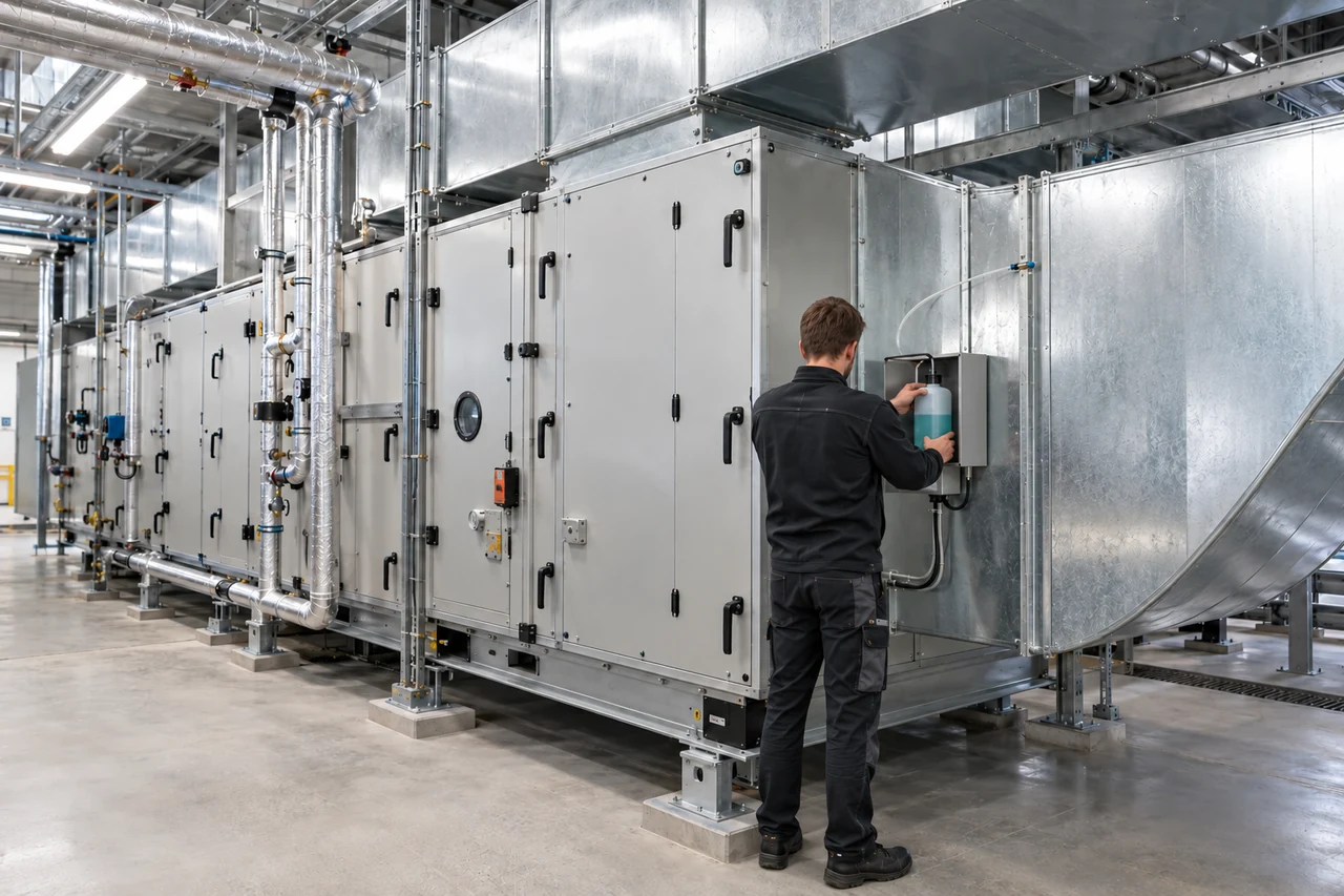 A technician servicing a scent dosing device connected to commercial air conditioning ducts in an HVAC plant room