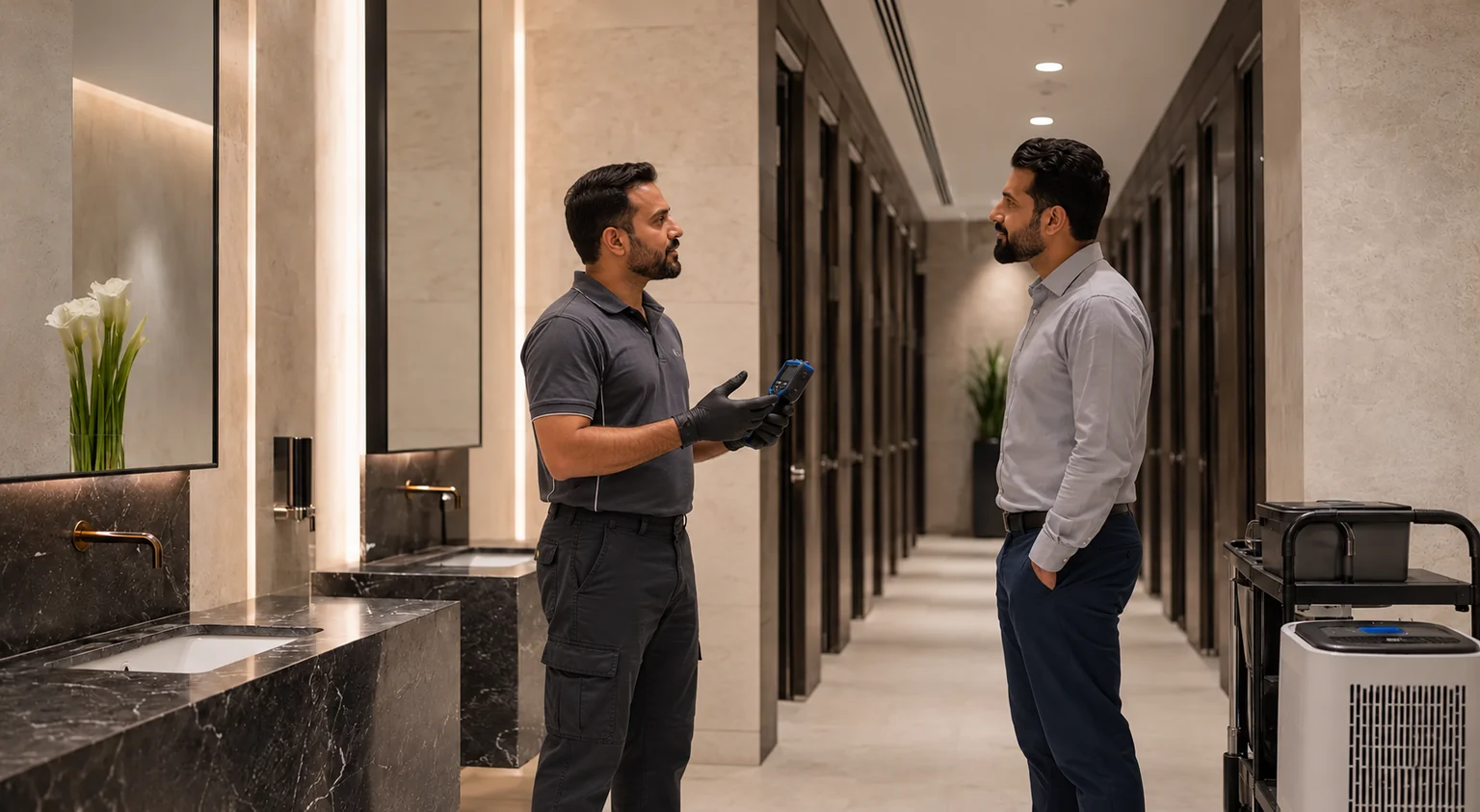 Two men in side profile discussing freshness care in a commercial washroom