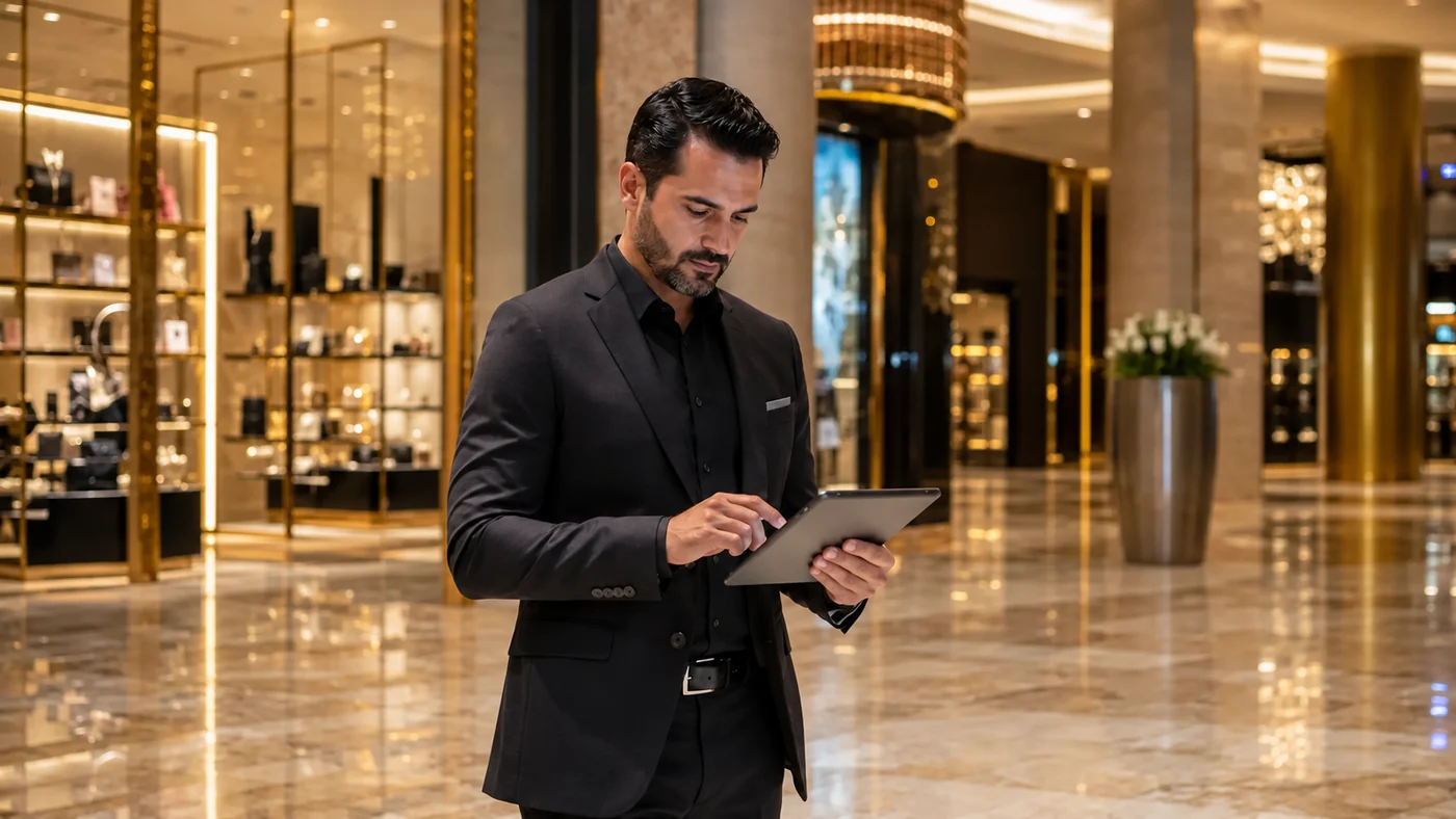 A man in a suit looking down at an iPad during a quality review