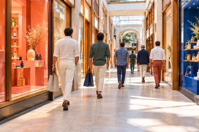 Visitors enjoying a bright retail arcade with colourful shop displays