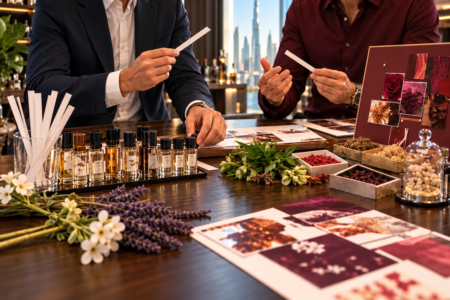 A close view of hands exploring scent blotters and fragrance samples together