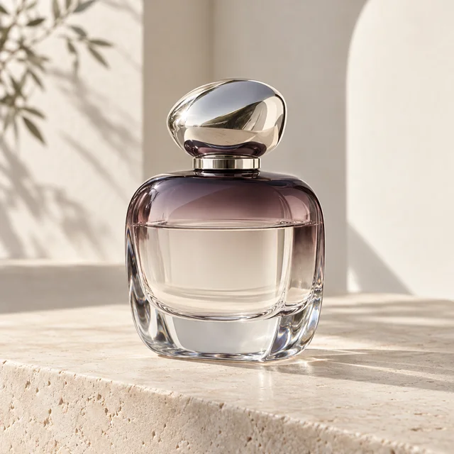 Modern perfume bottle with smoky plum glass and a sculpted silver cap