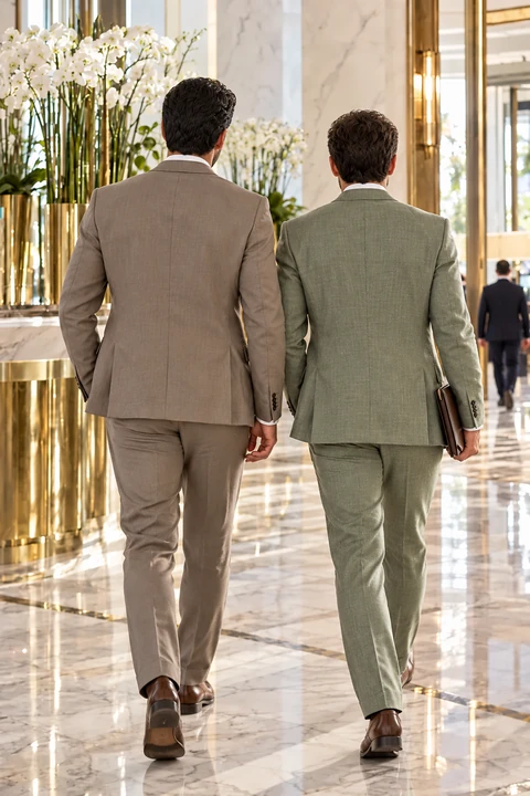 Two guests walking into a bright hotel lobby, seen from behind