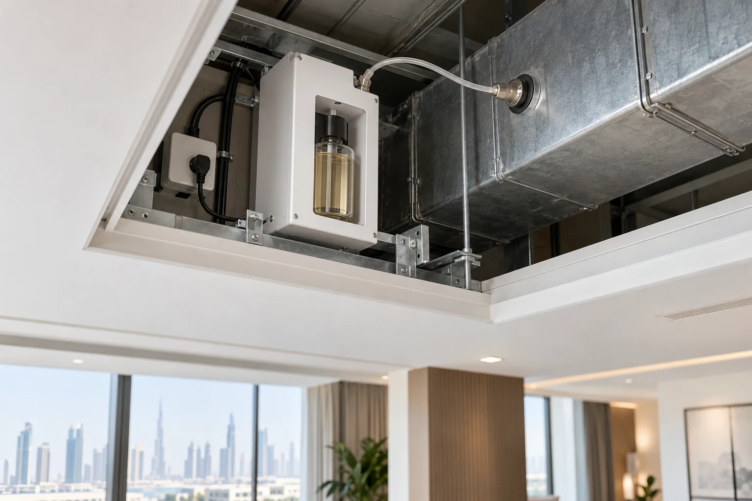 A concept illustration showing a scent diffuser concealed above the ceiling beside air conditioning ducts