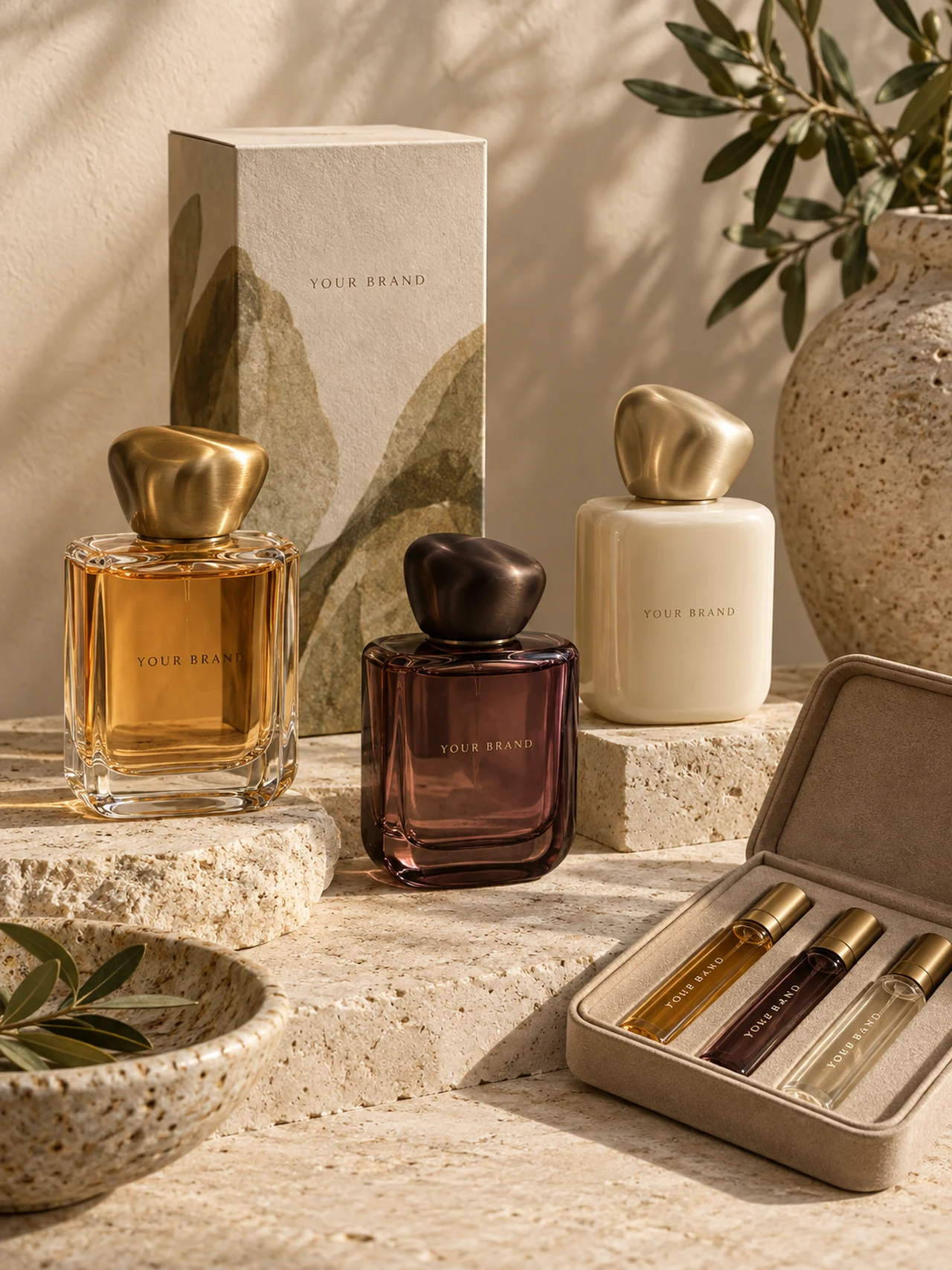 A perfume collection concept with bottles, pocket sprays and presentation boxes