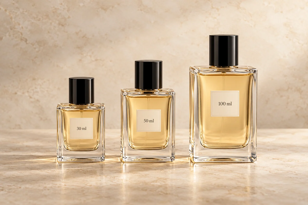 Illustrative 30 ml, 50 ml and 100 ml perfume bottles