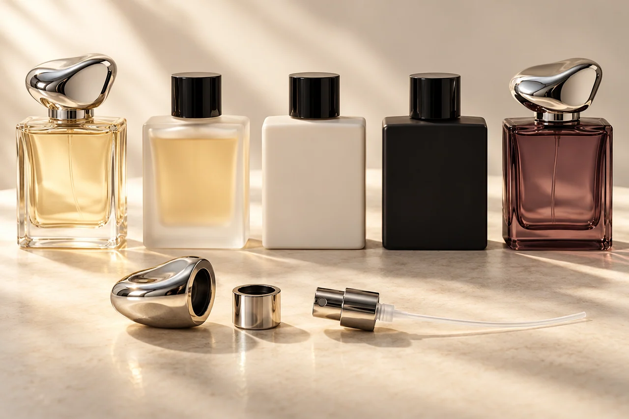 Clear, frosted, matte and coloured perfume bottles with caps and spray parts