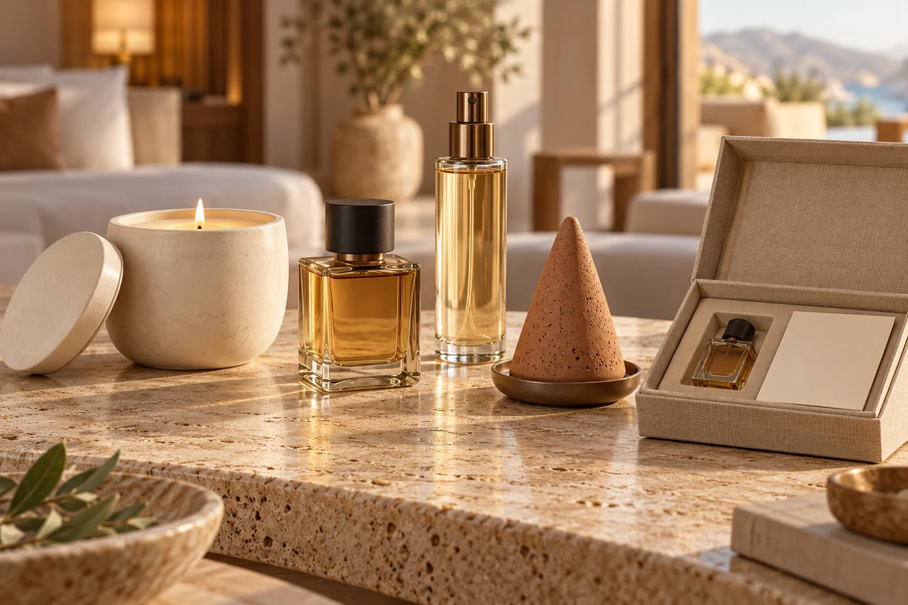 Hotel fragrance collection with a ceramic candle, perfume, room spray, ceramic cone and welcome box
