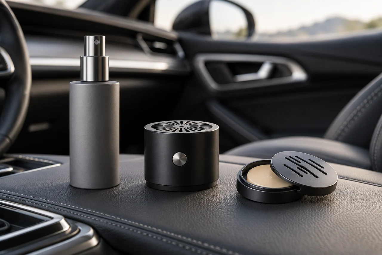 Branded cabin spray, button operated diffuser and solid fragrance cartridge concepts for a car range