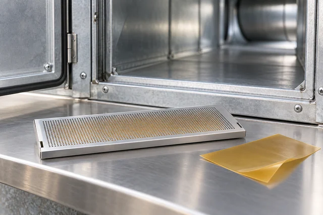Passive scent film and perforated holder beside an AC duct, shown as a product concept