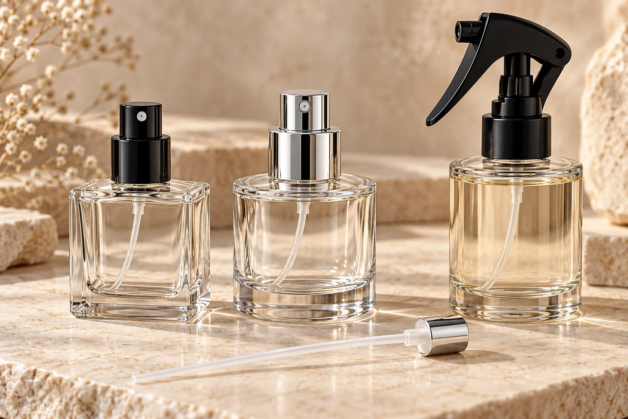 Different perfume atomisers and a room spray trigger with collars and dip tubes