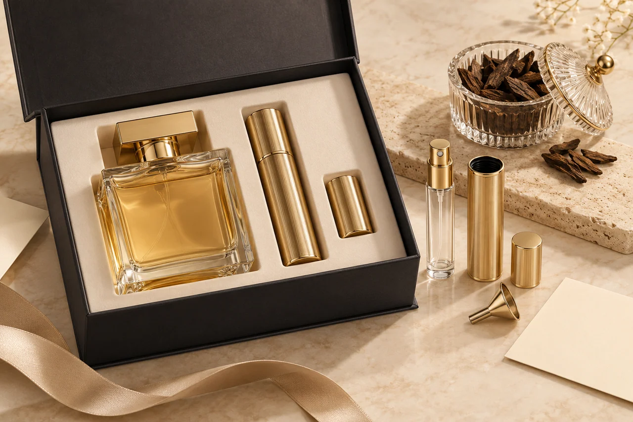 A perfume gift box with a full size bottle, refillable travel sprays and oud chips