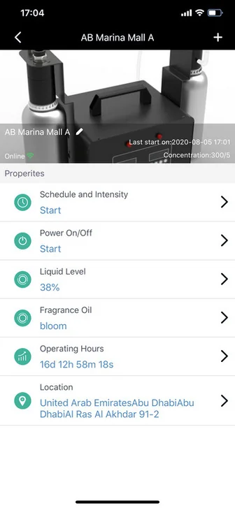 RIVIA app showing scent schedule, intensity and fragrance level