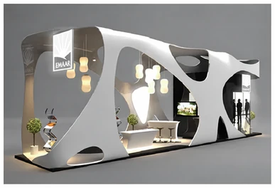 An open retail kiosk with displays facing the surrounding walkway