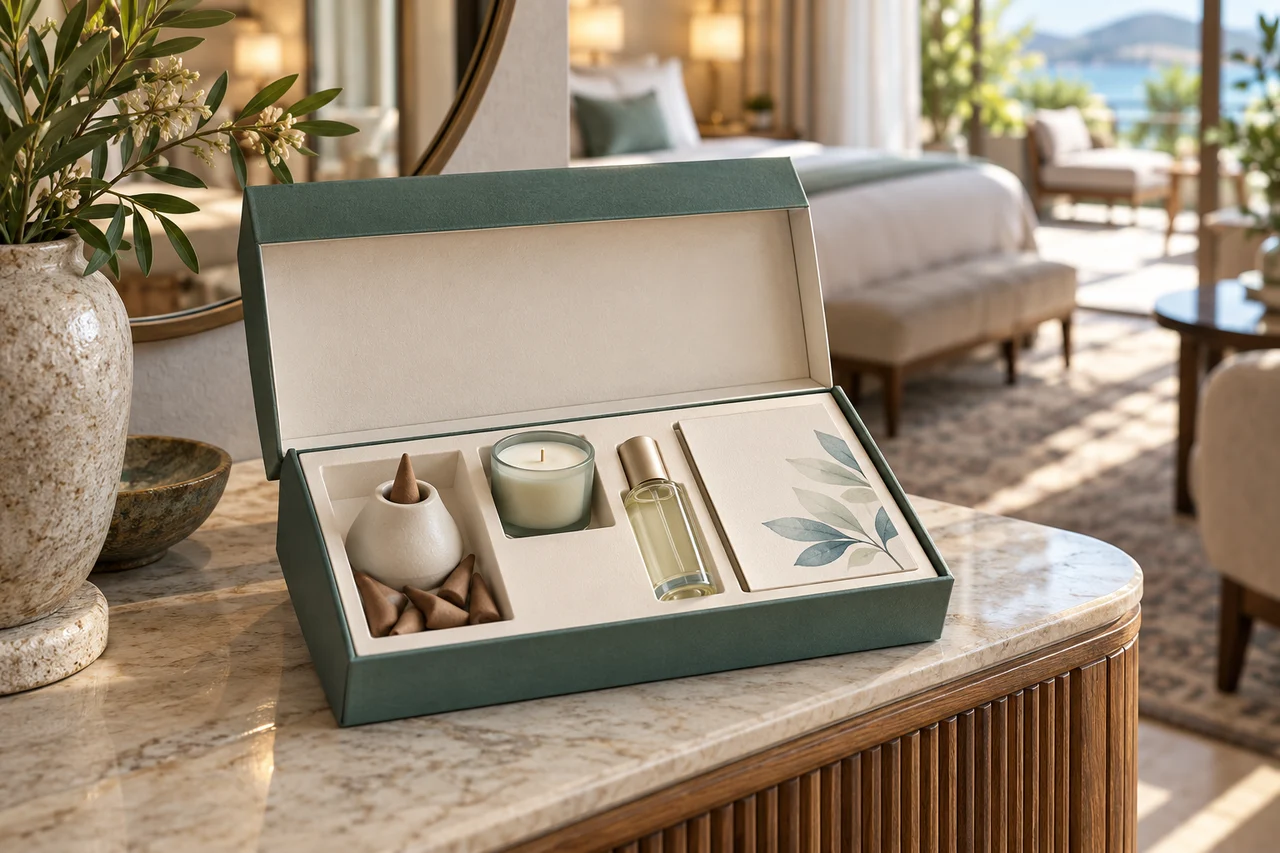 A hotel gift presentation with small fragrance products and a keepsake box