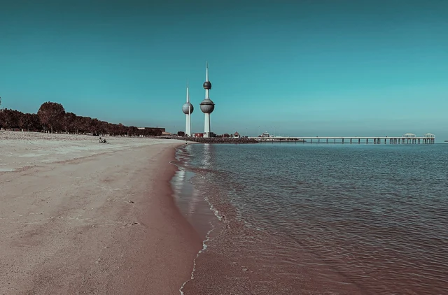 Kuwait Towers beside the blue waters of the Gulf